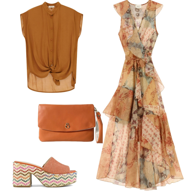 Outfit donna - Casual chic serata estiva. Stile Casual chic per Serata fuori. Abbinamento con pochette, vestiti lunghi, camicie, sandali col tacco.