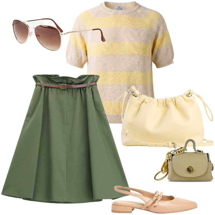 Outfit donna - Passeggiata in centro. Stile Vintage retrò per Tutti i giorni. Abbinamento con ballerine, borse a tracolla, occhiali da sole, maglieria, portachiavi, gonne longuette.