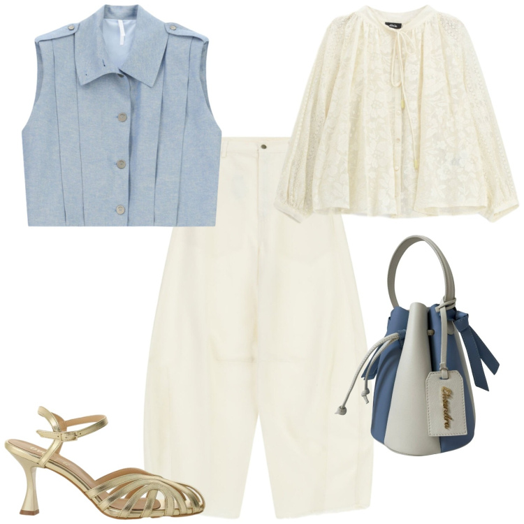 Outfit donna - Casual chic serata evento. Stile Casual chic per Serata fuori. Abbinamento con borse a secchiello, camicie, pantaloni a palazzo, sandali col tacco, gilet.