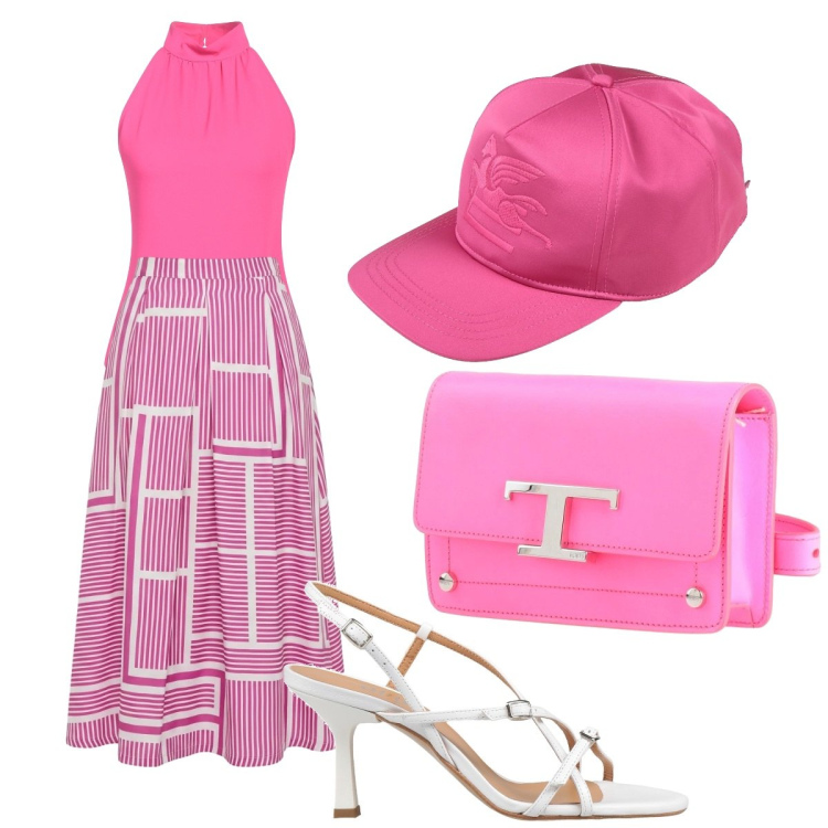 Outfit donna - Invito regale. Stile Glamour per Serata fuori. Abbinamento con marsupi, cappelli con visiera, sandali in pelle, top, gonne lunghe.