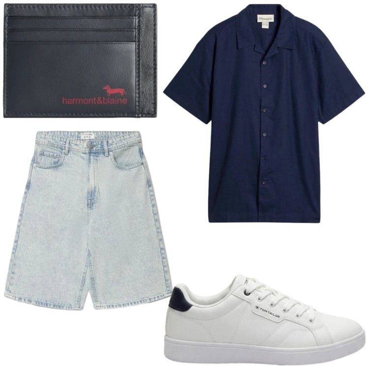 Outfit uomo - Denim leggero. Stile Trendy per Tutti i giorni. Abbinamento con camicie a manica corta, sneakers, portafogli, shorts.