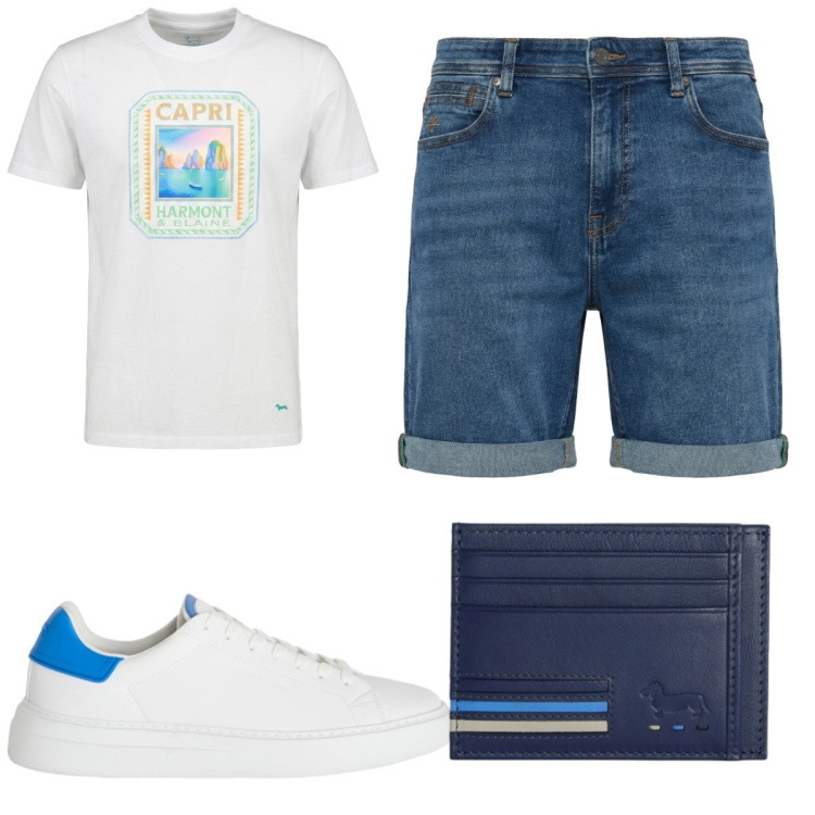 Outfit uomo - Valigia uomo per le vacanze. Stile Casual per Tutti i giorni. Abbinamento con sneakers, portafogli, bermuda, t-shirt.