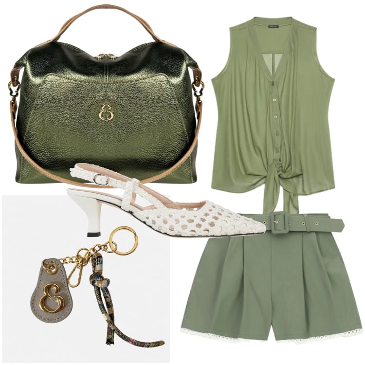 Outfit donna - Il verde non stanca. Stile Basic per Tutti i giorni. Abbinamento con décolleté, borse a mano, portachiavi, top, shorts.