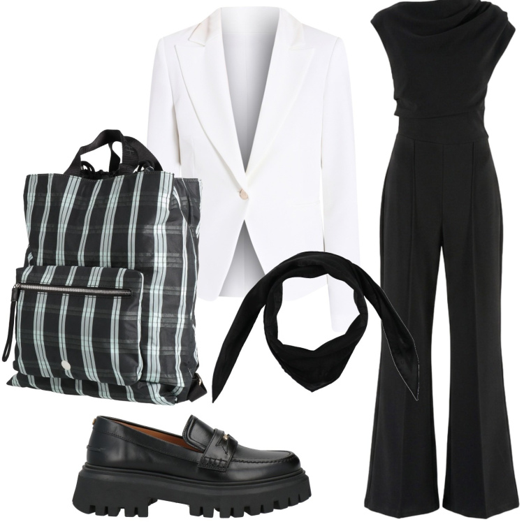 Outfit donna - Tuta e blazer. Stile Casual per Ufficio. Abbinamento con sciarpe, mocassini, zaini, tute, blazer.