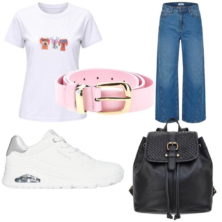 Outfit donna - I AM. Stile Casual per Tutti i giorni. Abbinamento con t-shirt, jeans, cinture, zaini, sneakers.