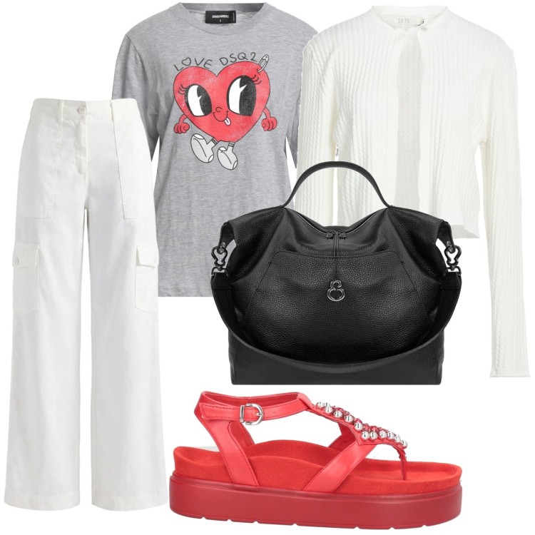 Outfit donna - T-shirt love. Stile Basic per Tutti i giorni. Abbinamento con t-shirt, ciabatte, cardigans, pantaloni cargo, borse a spalla.