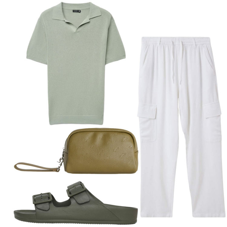 Outfit uomo - Total look #2440785. Stile Casual per Mare. Abbinamento con borse sportive, pantaloni cargo, polo, sandali.