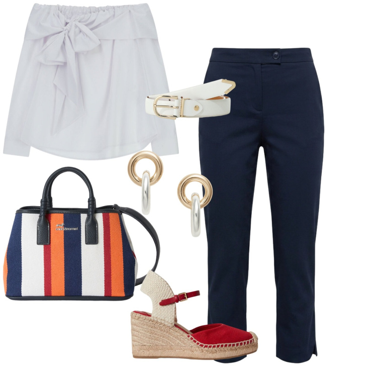 Outfit donna - Riviera mood. Stile Casual chic per Tutti i giorni. Abbinamento con shopping bag, pantaloni capri, zeppe, orecchini, top, cinture.
