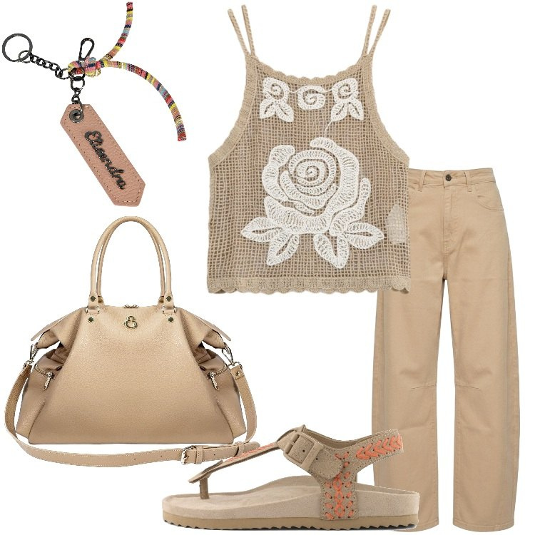 Outfit donna - Elisendra: l\'arte dell\'accessorio. Stile Trendy per Tutti i giorni. Abbinamento con shopping bag, portachiavi, top, jeans, infradito.