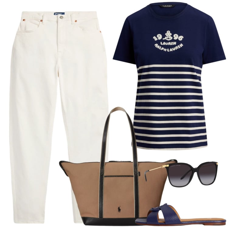 Outfit donna - Riviera chic. Stile Casual chic per Tutti i giorni. Abbinamento con occhiali da sole, jeans, t-shirt, sandali in pelle, borse tote.