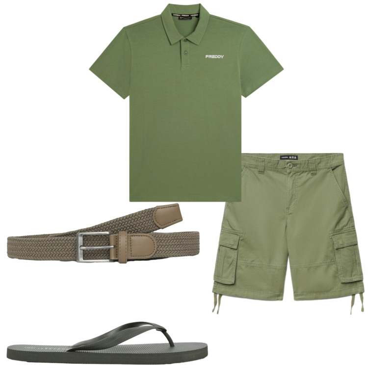 Outfit uomo - Luglio. Stile Casual per Mare. Abbinamento con cinture, shorts, sandali, polo.