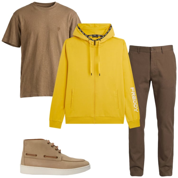 Outfit uomo - gita in montagna. Stile Casual per Tutti i giorni. Abbinamento con pantaloni, t-shirt, stivali e stivaletti, felpe con cappuccio.