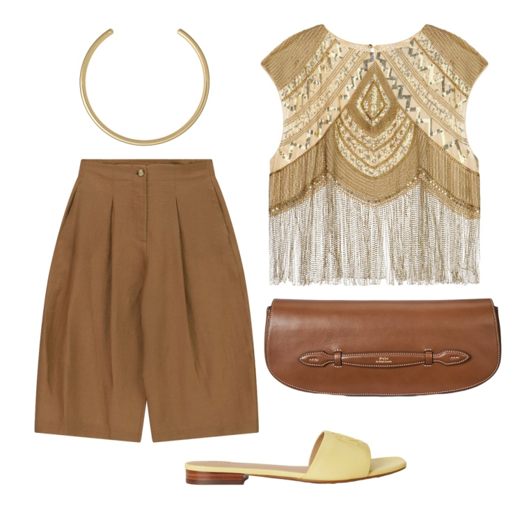 Outfit donna - Luglio. Stile Chic per Tutti i giorni. Abbinamento con clutch, ciabatte, collane, top, shorts.