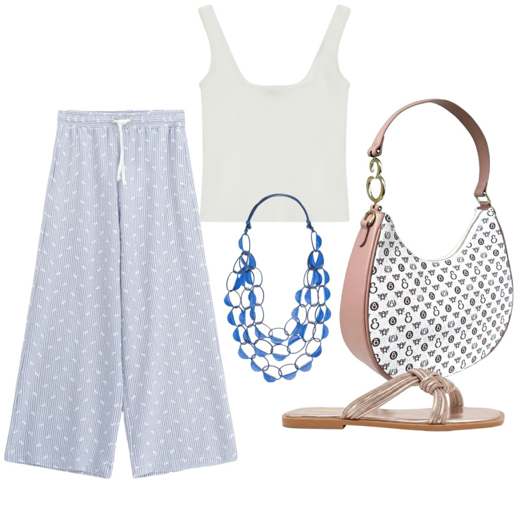 Outfit donna - Luglio. Stile Casual per Tutti i giorni. Abbinamento con borse a spalla, collane, top, pantaloni a palazzo, sandali.