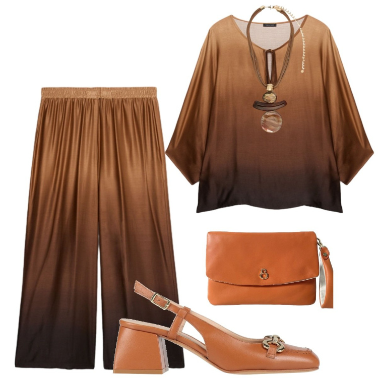 Outfit donna - Aperitivo?. Stile Casual chic per Serata fuori. Abbinamento con décolleté, pochette, pantaloni a palazzo, ciondoli, bluse.