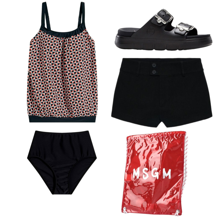 Outfit donna - Total look #2440903. Stile Trendy per Mare. Abbinamento con zaini, costumi interi, ciabatte, shorts.