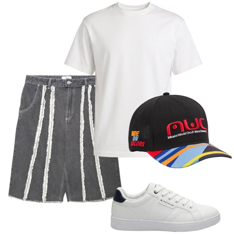 Outfit uomo - Total look #2440904. Stile Urban per Tutti i giorni. Abbinamento con sneakers, t-shirt, cappelli con visiera, bermuda.