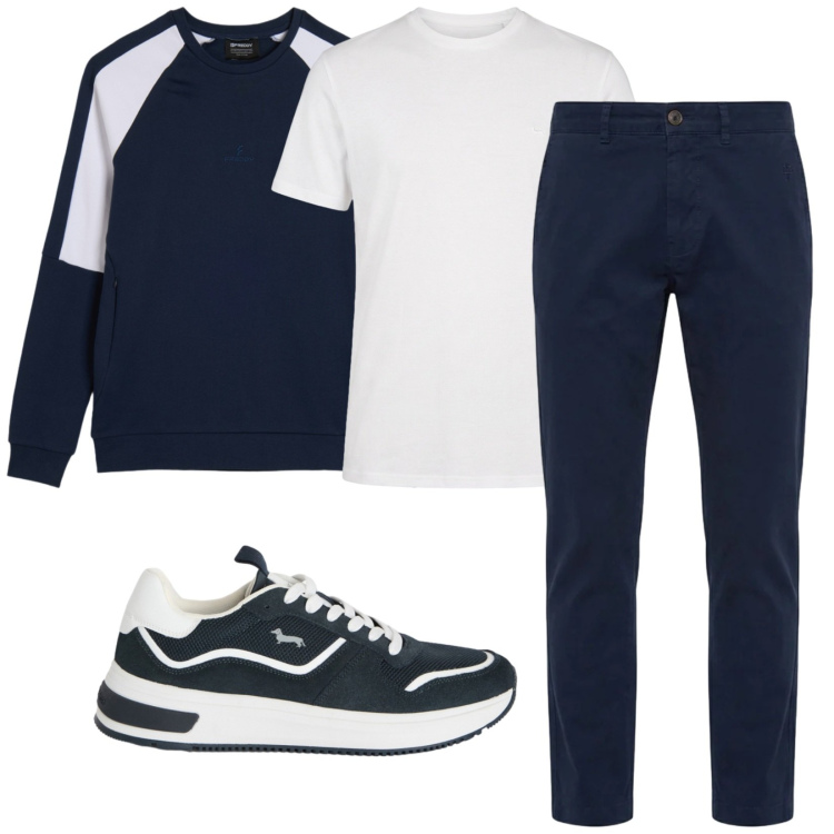 Outfit uomo - Blu. Stile Casual per Tutti i giorni. Abbinamento con sneakers, t-shirt, pantaloni, felpe.