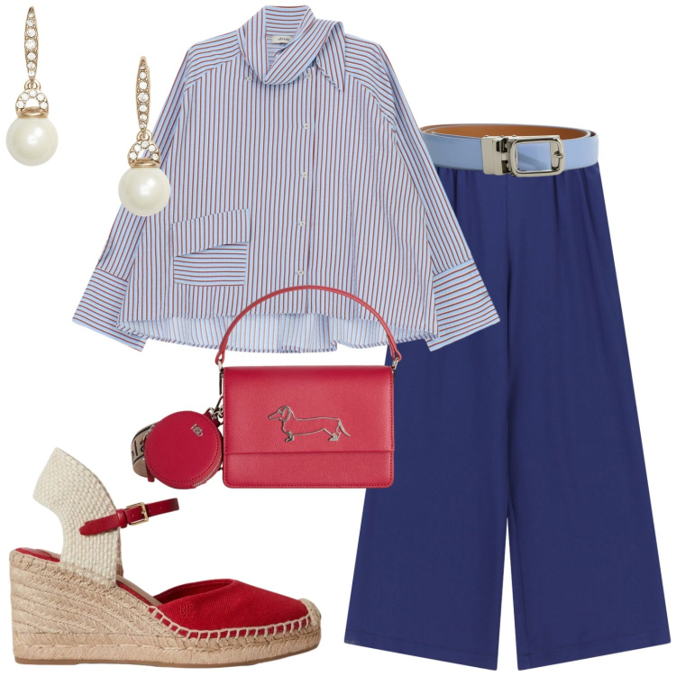 Outfit donna - Riviera. Stile Casual chic per Tutti i giorni. Abbinamento con borse a tracolla, zeppe, orecchini, camicie, pantaloni a palazzo, cinture.