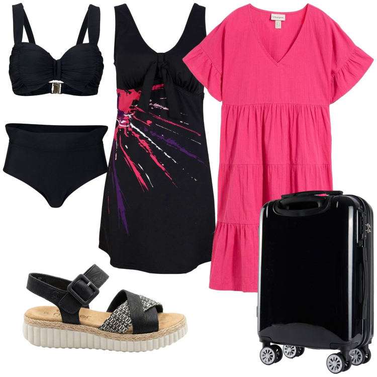 Outfit donna - Weekend. Stile Casual per Tutti i giorni. Abbinamento con vestiti da spiaggia, sandali, vestiti, bikini, valigie.