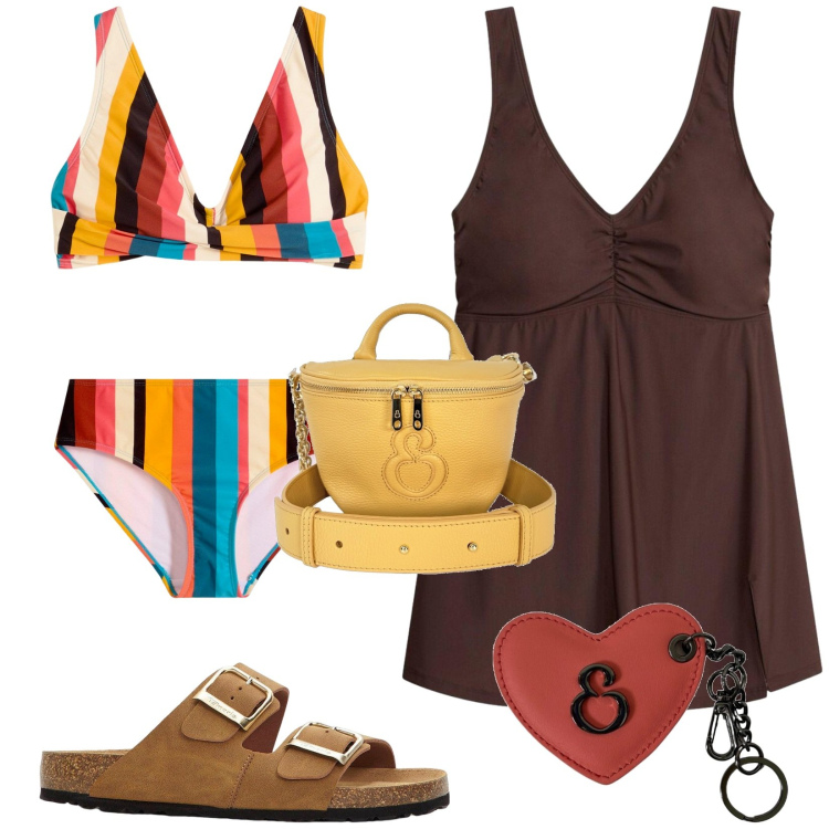 Outfit donna - Total look #2440909. Stile Vintage retrò per Mare. Abbinamento con bikini, ciabatte, vestiti da spiaggia, borse a tracolla, portachiavi.