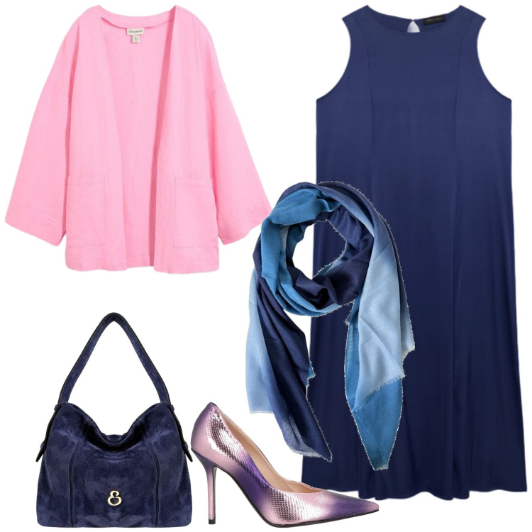 Outfit donna - Total look #2440910. Stile Chic per Cerimonia. Abbinamento con décolleté, kimono, borse a spalla, foulard, vestiti midi/longuette.
