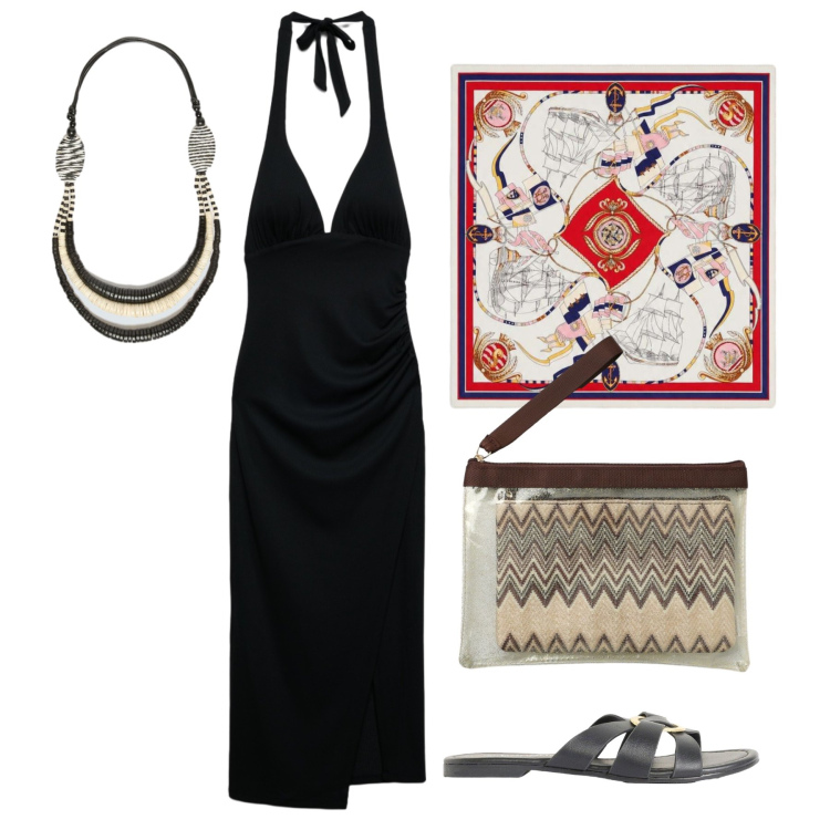 Outfit donna - Luglio. Stile Trendy per Serata fuori. Abbinamento con ciabatte, foulard, vestiti midi/longuette, pochette, collane.
