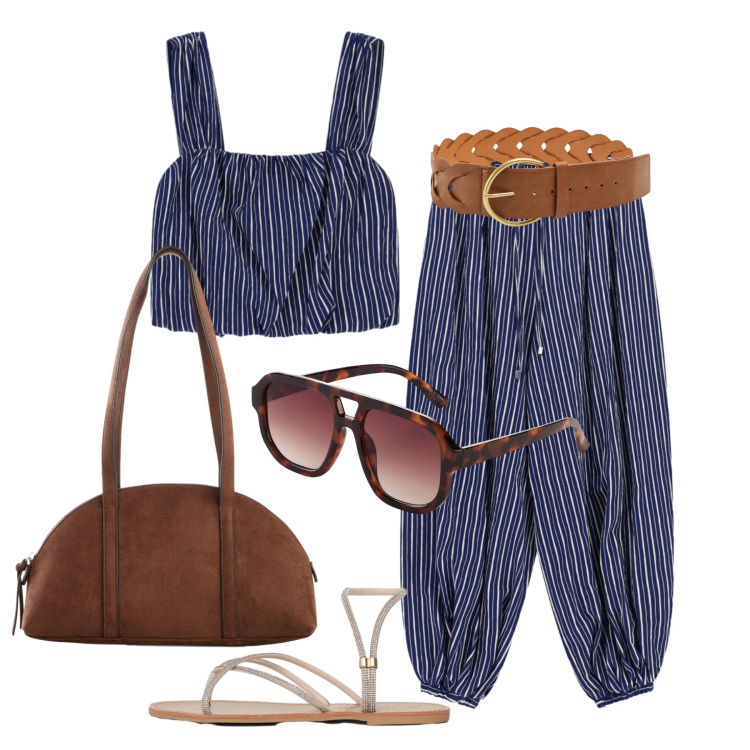 Outfit donna - Luglio. Stile Glamour per Tutti i giorni. Abbinamento con occhiali da sole, borse a tracolla, cinture, sandali, top, pantaloni a palazzo.