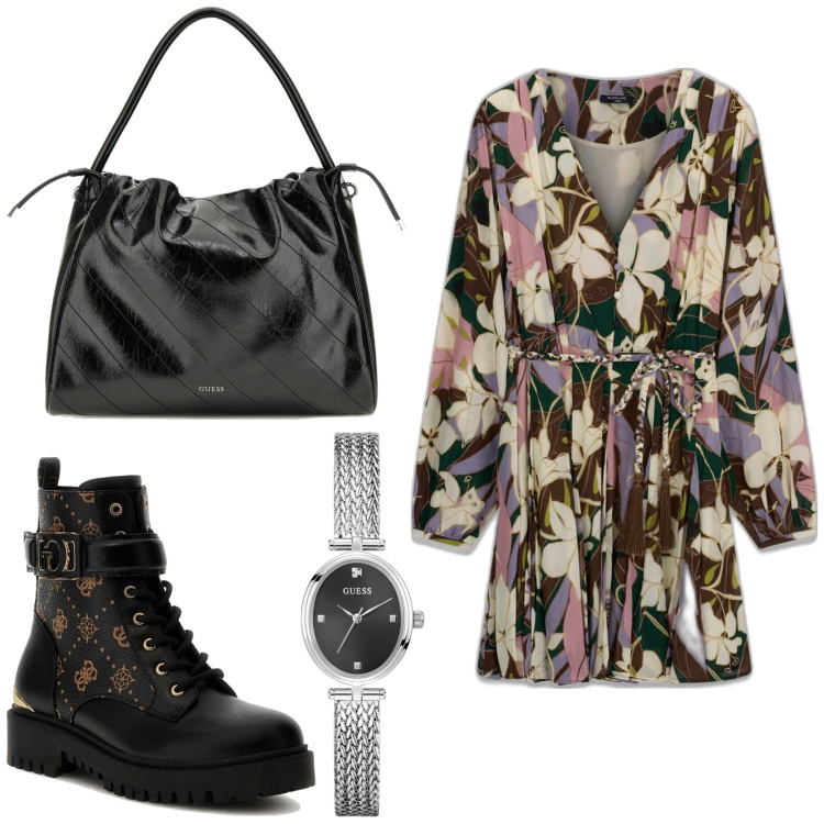 Outfit mujer - Urban style. Estilo Urban para Todos los días. Combinación con anfibios, bolsos de mano, relojes analógicos, vestidos cortos.