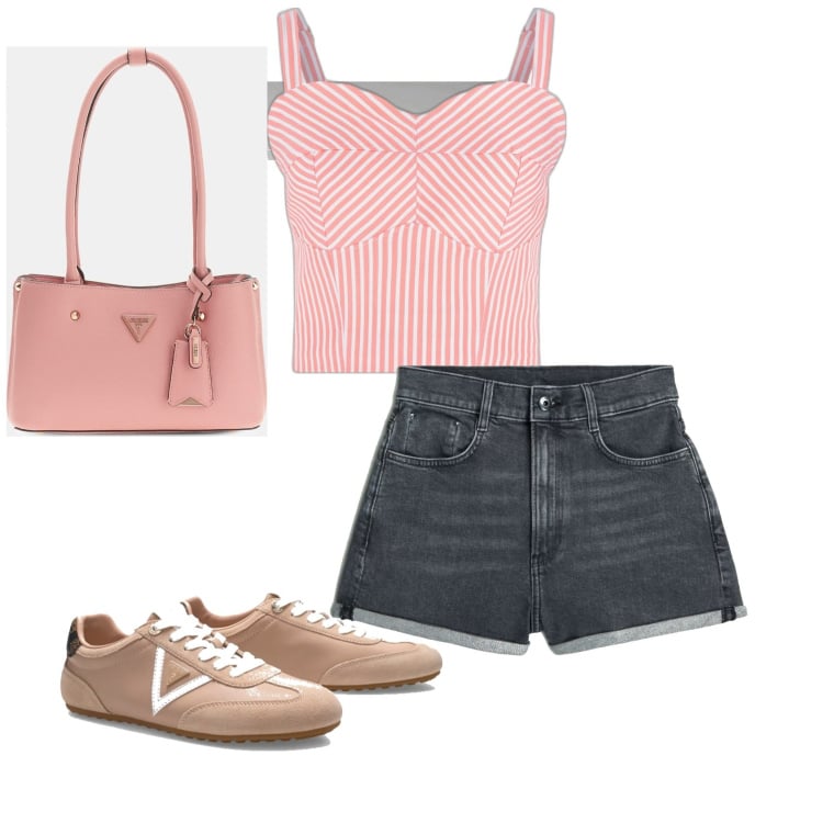 Outfit mujer - Casual look. Estilo Casual para Todos los días. Combinación con bolsos de hombro, sneakers, top, shorts.