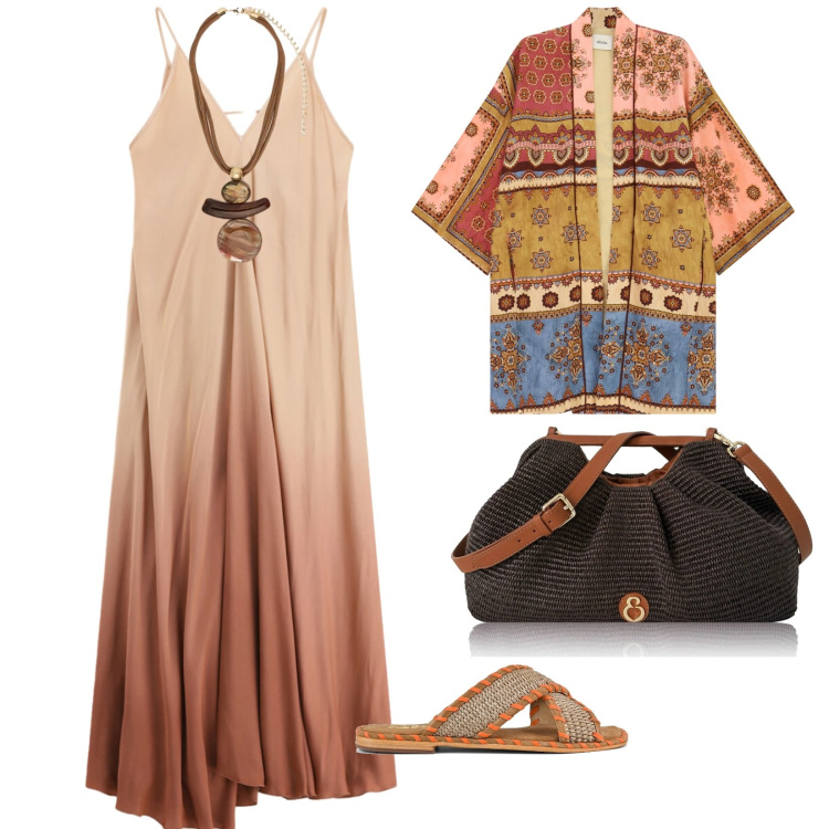 Outfit donna - Aperitivo al tramonto. per Mare. Abbinamento con clutch, ciondoli, trench, vestiti lunghi, ciabatte.