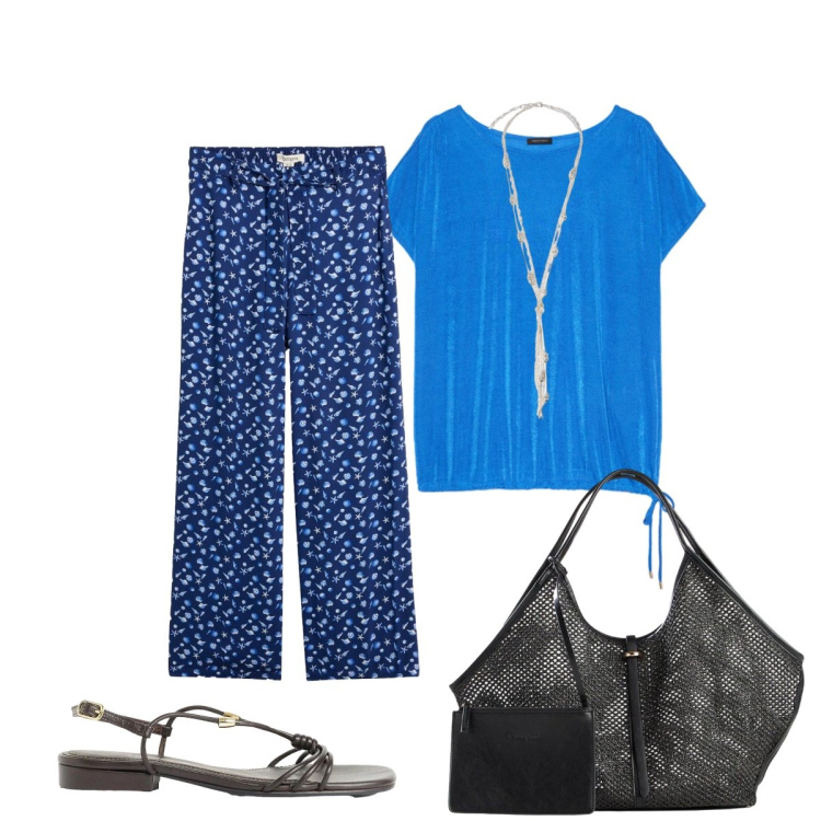 Outfit donna - In ufficio. Stile Casual chic per Ufficio. Abbinamento con pantaloni, shopping bag, sandali, t-shirt, collane.