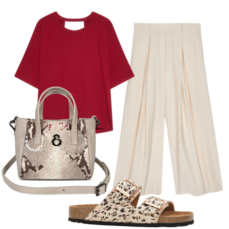 Outfit donna - Total look #2441006. Stile Casual per Tutti i giorni. Abbinamento con ciabatte, borse a mano, pantaloni a palazzo, t-shirt.