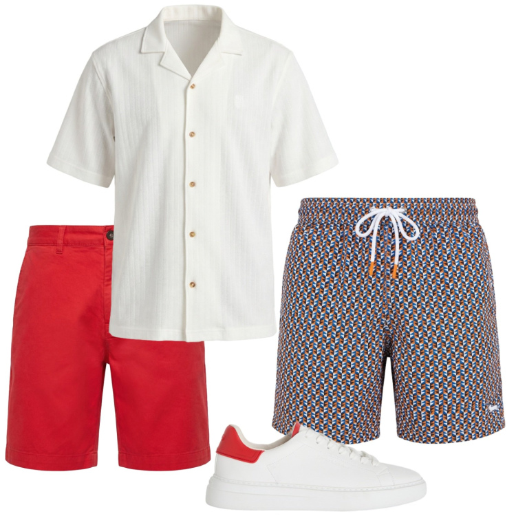 Outfit uomo - Total look #2441007. Stile Trendy per Mare. Abbinamento con sneakers, camicie a manica corta, pantaloni corti, costumi.