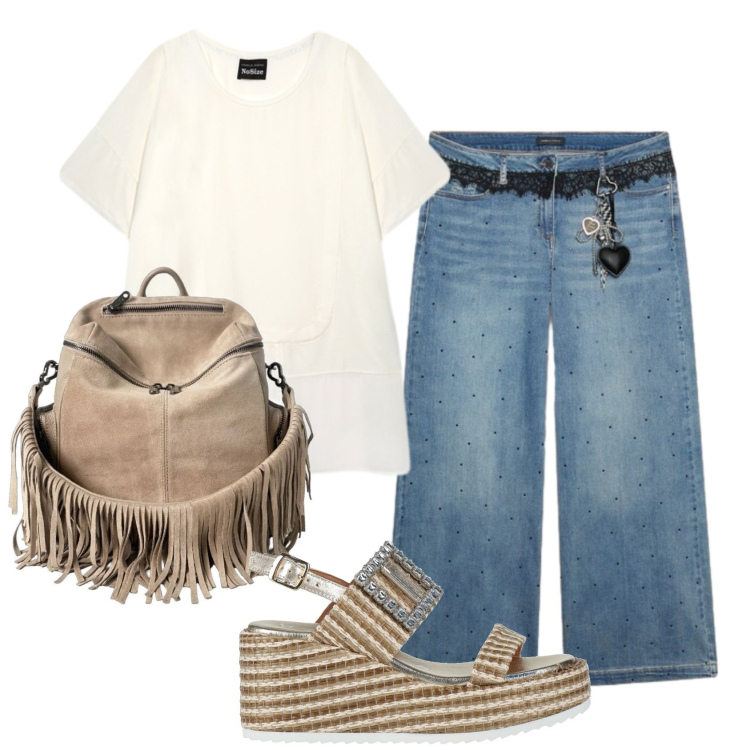 Outfit donna - Total look #2441009. Stile Casual per Tutti i giorni. Abbinamento con sandali in pelle, zaini, jeans, t-shirt.