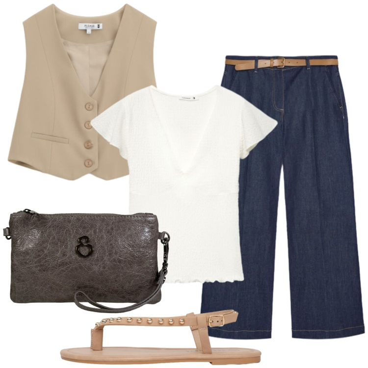 Outfit donna - Total look #2441013. Stile Trendy per Tutti i giorni. Abbinamento con pochette, ciabatte, t-shirt, jeans, gilet.