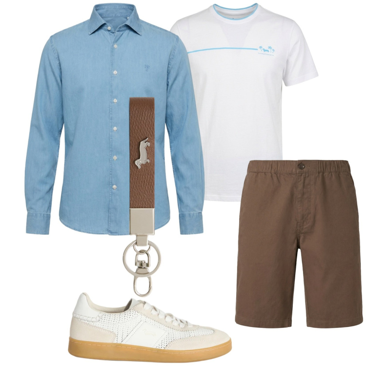 Outfit uomo - Estate 2026. Stile Trendy per Tutti i giorni. Abbinamento con portachiavi, sneakers, t-shirt, camicie, bermuda.