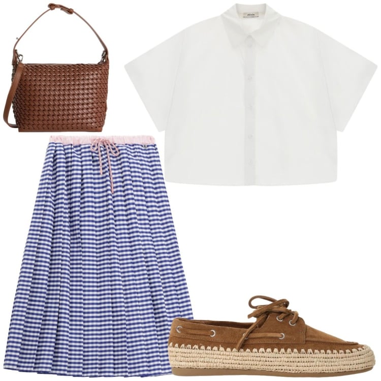 Outfit donna - Pomeriggi a Capri. Stile Chic per Tutti i giorni. Abbinamento con borse a spalla, scarpe stringate, gonne longuette, camicie a manica corta.