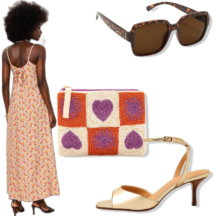 Outfit femme - Casual chic #10050. Style Casual chic pour Soirée dehors. Assortir avec robes longues, lunettes de soleil, porte-monnaie, sandales à talon.