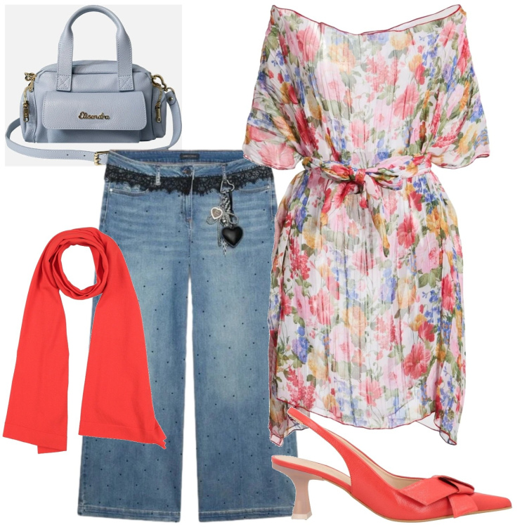 Outfit donna - Party casual chic. Stile Casual chic per Tutti i giorni. Abbinamento con sciarpe, décolleté, top, borse a mano, jeans.