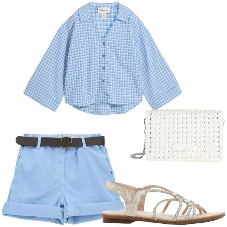 Outfit donna - Pomeriggi estivi. Stile Chic per Tutti i giorni. Abbinamento con sandali, camicie, borse a tracolla, shorts.