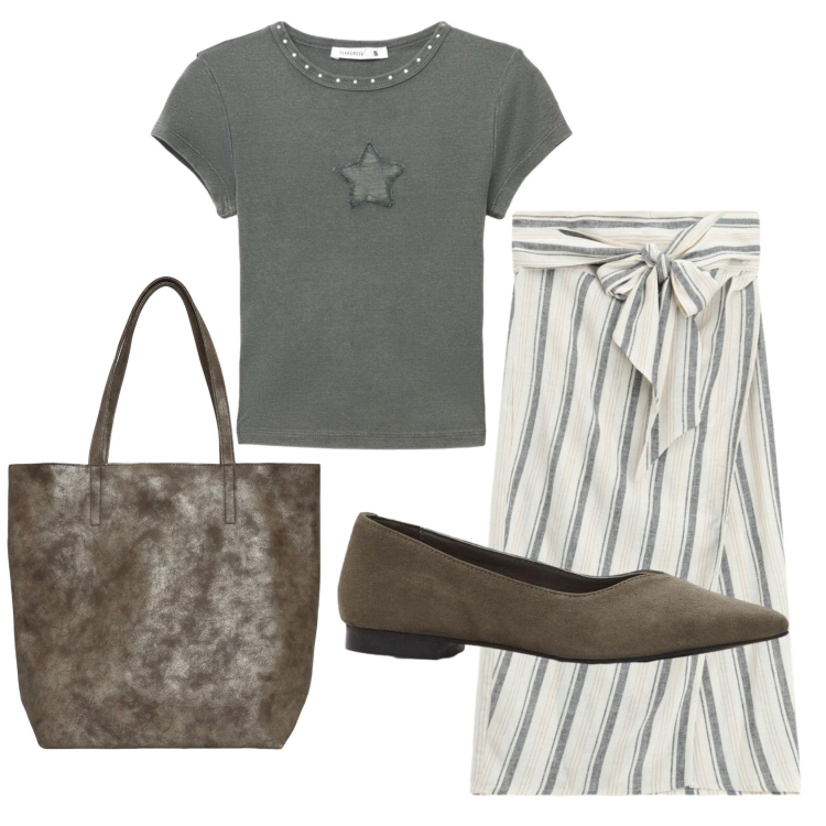 Outfit donna - Total look #2441039. Stile Casual per Ufficio. Abbinamento con ballerine, shopping bag, t-shirt, gonne longuette.