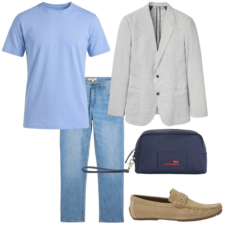 Outfit uomo - Denim leggero in ufficio. per Ufficio. Abbinamento con jeans dritti, giacche, borse sportive, scarpe stringate, t-shirt.