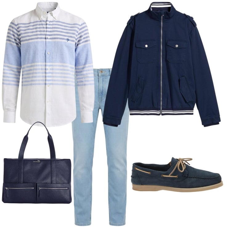 Outfit uomo - Partenza breve. per Tutti i giorni. Abbinamento con giacche, borse sportive, jeans, scarpe stringate, camicie.