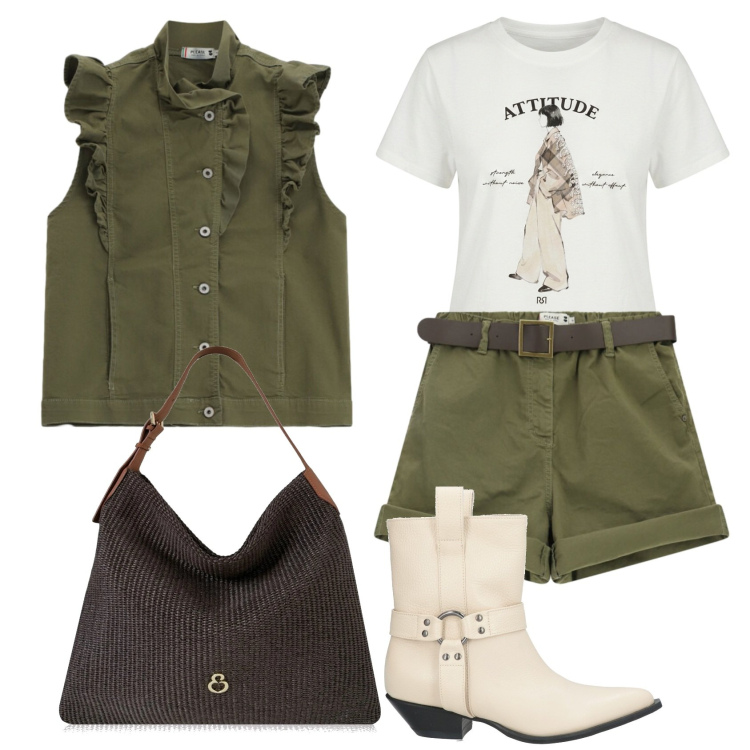 Outfit donna - Total look #2441047. Stile Trendy per Tutti i giorni. Abbinamento con stivaletti texani, borse a spalla, gilet, shorts, t-shirt.