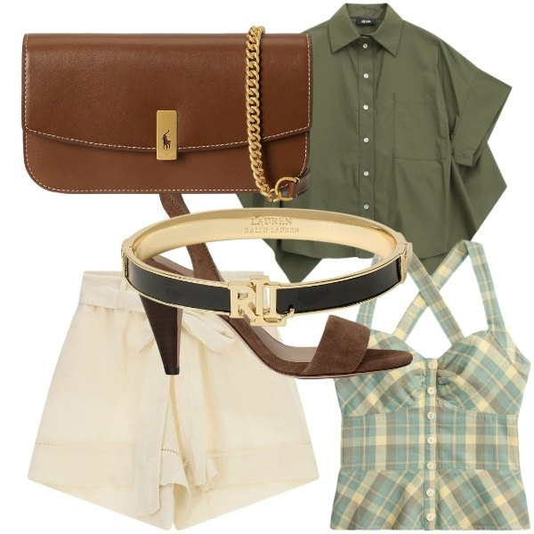 Outfit donna - Total look #2441053. Abbinamento con clutch, braccialetti, sandali in pelle, top, camicie a manica corta, shorts.