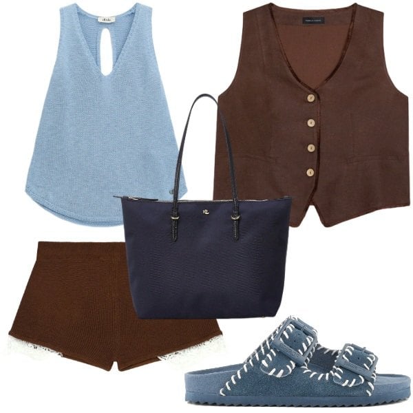 Outfit donna - Total look #2441055. Abbinamento con shorts, top, gilet, borse tote, ciabatte.