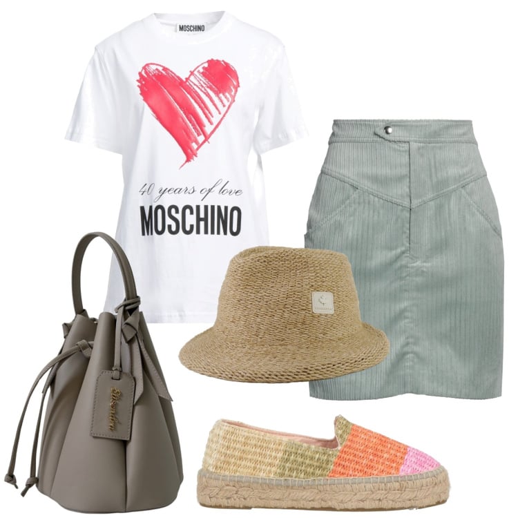 Outfit donna - Total look #2441063. Stile Basic per Ufficio. Abbinamento con minigonne, espadrillas, t-shirt, borse a secchiello, cappelli.