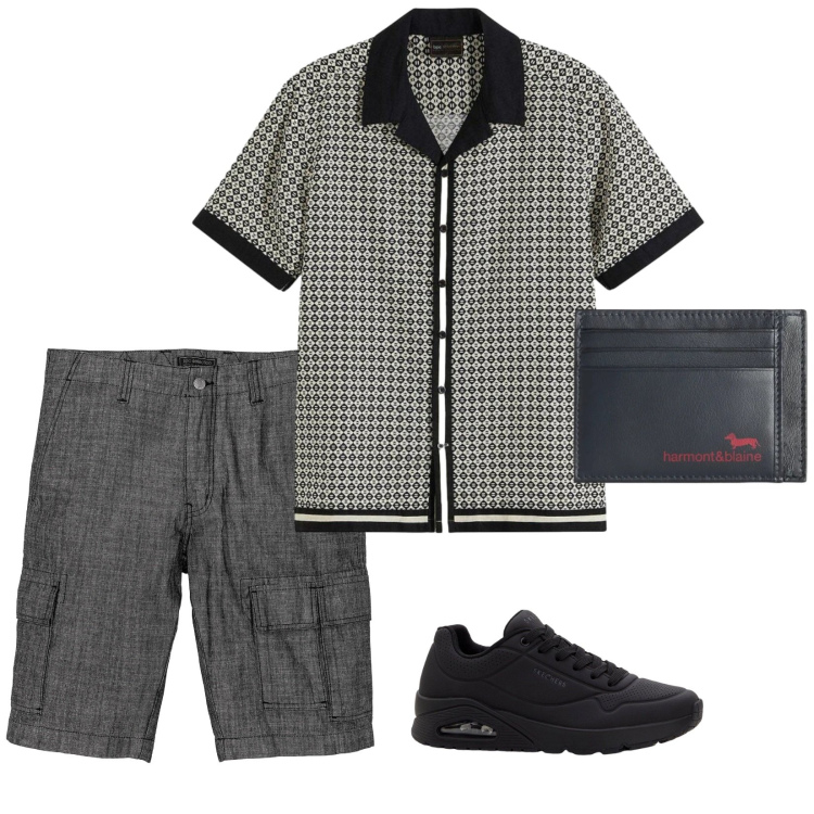 Outfit uomo - Aperitivo. per Serata speciale. Abbinamento con bermuda, sneakers, camicie a manica corta, portafogli.