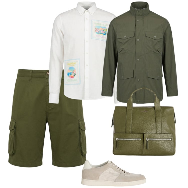 Outfit uomo - Lavoro e caldo. per Tutti i giorni. Abbinamento con borse sportive, sneakers, bermuda, camicie, giacche.